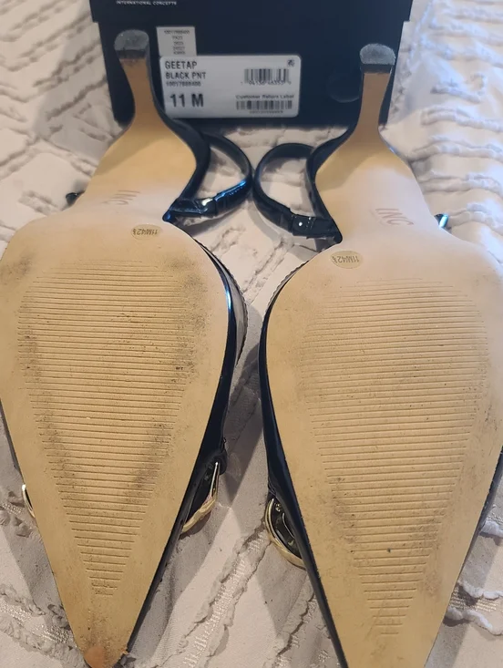 INC International Concepts Black Patent Slingback Pumps with Gold Chain Detail. - Picture 4 of 6